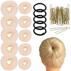 Complete hair styling set with beige sponge bun makers, black hair ties, and gold hair clips