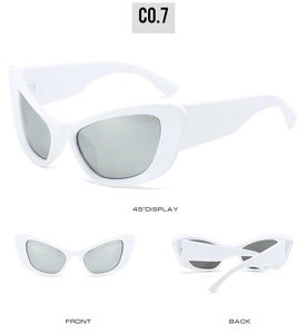 Multiple views of white cat-eye sunglasses with wide temples and silver mirror lenses