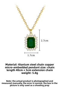 Detail view of green rectangular pendant with micro-paved crystals and titanium chain