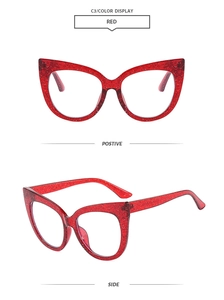 Front and side views of stylish cat-eye glasses frames with red glitter finish