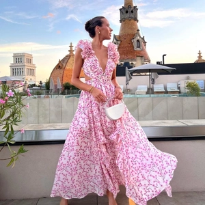 Robe Maxi Imprimé Floral Col V Profond Dos Nu Volants Sans Manches Taille Évidée Vacances Sexy Robe Longue Femmes