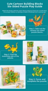 Detailed view of the three-step dinosaur wooden block puzzle solving process for kids