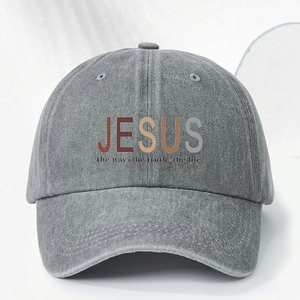 Vintage grey washed denim baseball cap featuring colorful JESUS lettering with adjustable strap
