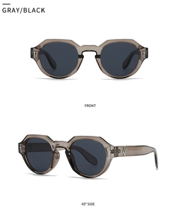 Vorder- und 45-Grad-Seitenansicht der schmalen Retro-Sonnenbrille mit Metalldetails