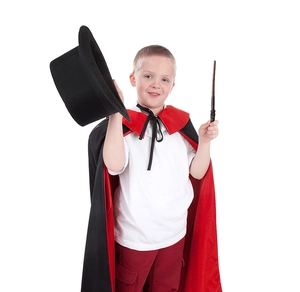 Kids wizard cosplay set with red-black cloak, top hat, and brown magic wand accessory