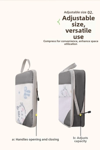 Detail of travel compression bag with grey fabric, mesh panel and adjustable zippers