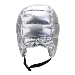Silver quilted trapper hat with ear flaps and buckle for outdoor winter warmth