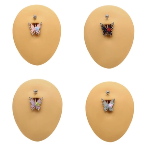Butterfly navel rings with colorful flowers and rhinestones on stainless steel bars