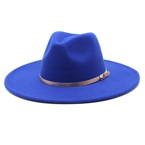 Royal blue wool fedora hat with a 9.5cm wide brim and a gold metallic buckle ribbon detail