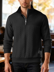 Detail of men's black quarter-zip sweater with cable and geometric knit patterns