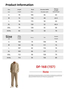 Detailed size chart for men's jacquard polo top and pants set showing CM measurements