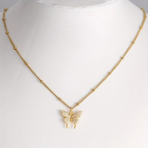 Elegant Butterfly Pendant Necklace 18K Gold Plated Copper White Zircon Beaded Clavicle Chain For Women