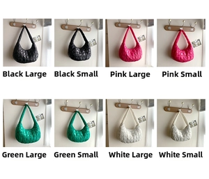 Quilted tote bags in black pink green and white shown in two sizes on minimalist wall hooks