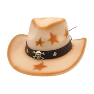 Beige western cowboy hat featuring brown star spray patterns and silver skull metal hardware