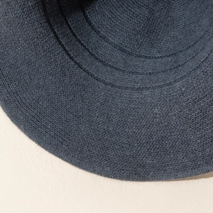 Close-up of dark blue knitted witch hat showing high-density weave texture and stitching