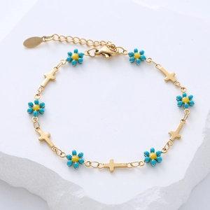 18k gold plated stainless steel bracelet with blue flowers and golden cross charms