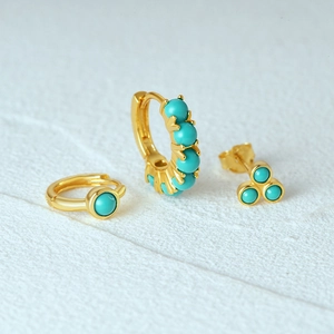 Detailed shot of S925 silver gold-plated turquoise hoop earring and stud jewelry set