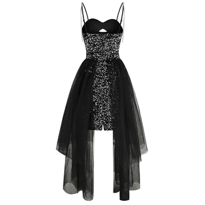 Detail of sequined bodice and detachable mesh tulle skirt on black evening dress
