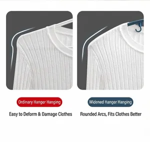 Comparison showing wide non-slip hangers preventing shoulder bumps on knitted sweaters