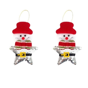 Set of two star-shaped snowman Christmas ornaments with silver sequins and hanging cords