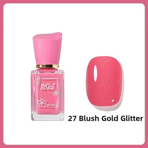 Detailed view of BGve 14ml pink gold glitter nail polish in shade 27 Rouge Gold
