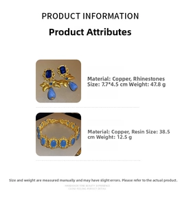 Detailed size and material specs for vintage rhinestone bow earrings and blue resin bracelet