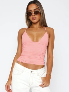 Pink V-neck cropped camisole with ruched front design and thin straps for a slim fit