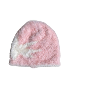 Pink plush winter beanie with star jacquard pattern for kids outdoor warmth