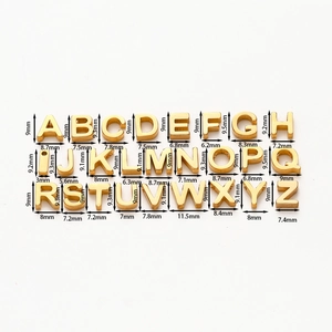 26 gold vacuum-plated English letter charms for DIY jewelry making with dimensions