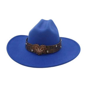 Royal blue wool felt fedora with heart-shaped metal buckle and leather band