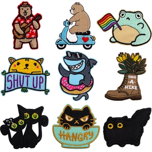 Cartoon Animal Embroidered Patches Iron On Sew On Patches For Clothing Backpack Hats Cute Black Cat Bear Shark Frog DIY