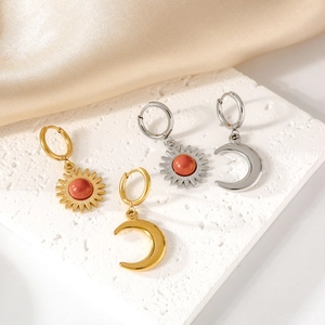 Asymmetric Sun And Moon Drop Earrings Stainless Steel With Red Bead Inlay Minimalist Celestial Jewelry For Women