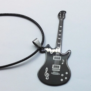 Minimalist black stainless steel guitar necklace with musical notes and treble clef pendant