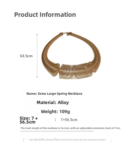 Detailed specs of oversized gold spring necklace with alloy material and 109g weight