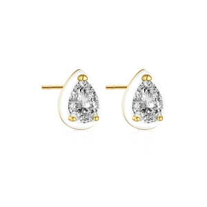 Elegant S925 silver pear-shaped drop earrings with large zircon and white enamel details