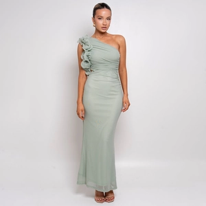 Robe longue moulante vert clair à une épaule avec fleur 3D et détails en mesh
