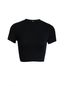 Detailed flat lay of black Y2K slim fit cropped T-shirt with high quality cotton texture