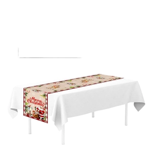 Linen Christmas table runner with Santa, reindeer, and Merry Christmas print