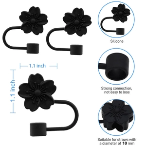 Detail view of 10mm black silicone flower straw cover with specific size dimensions