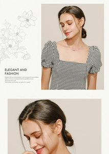 Detail of elegant black and white gingham puff sleeve top with square neckline design
