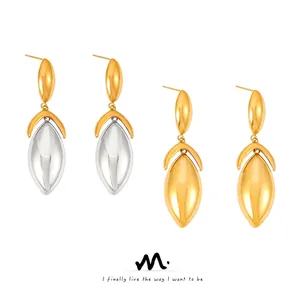 Chic Geometric Stainless Steel Drop Earrings 18K Gold Plated Leaf Shaped Two Tone Dangle Earrings For Women Fashion Jewelry