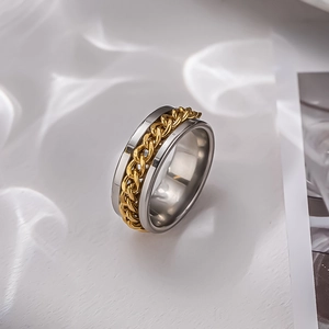 Close-up of rotatable Cuban link chain inlay on minimalist stainless steel ring