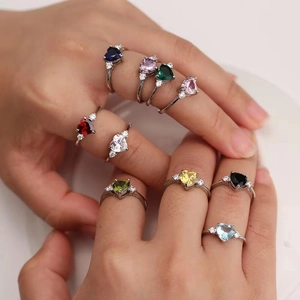 Set of heart-cut colorful gemstone rings in polished silver bands for women