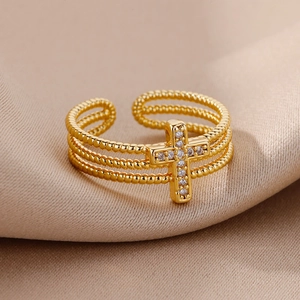 Minimalist gold adjustable triple-layer twist ring with micro-pave zircon cross detail