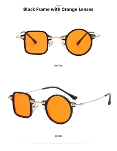 Front and 45-degree side views of black frame sunglasses with orange lenses