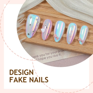 Long almond cat-eye fake nails with 3D pink bow, silver rhinestones and pearls