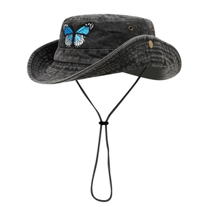 Washed cotton cowboy sun hat with butterfly embroidery and adjustable chin strap