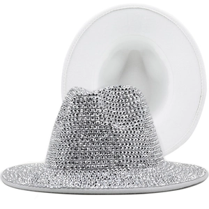 British vintage style wool felt fedora hat featuring shiny silver rhinestones and wide brim