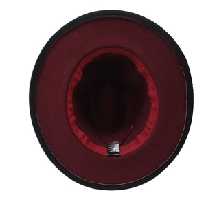 Detail view of burgundy wool fedora interior with 65% cotton blend and sweatband