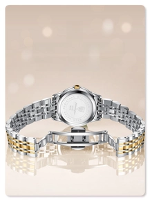 Detail of 3ATM waterproof stainless steel watch back with gold-tone butterfly buckle clasp